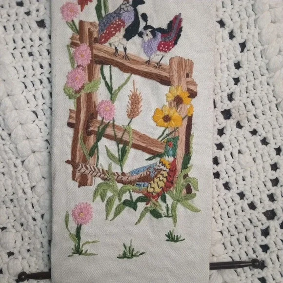 Embroidered Cross Stitch Hanging Art Birds Vintage Handmade Quail Leewards 26X6