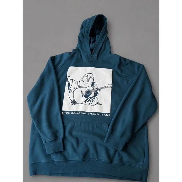 True Religion Men's XXL Blue Hooded Fleece Logo Hoodie Long Sleeve Buddha KE9