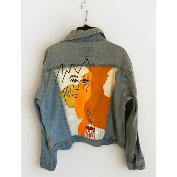 Abstract Hand Painted Denim Jacket By @mal'sdesigns Light Wash Unisex Sz Med