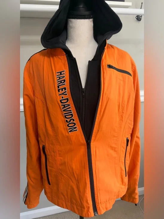 Harley-Davidson Orange and Black Hooded Windbreaker Jacket