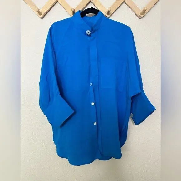 Fridaze Blue Linen Blouse Button Down Sz S