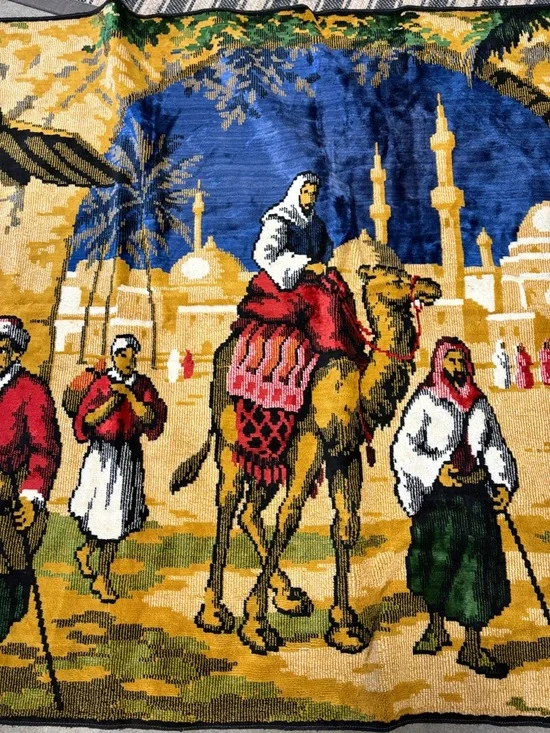 Vintage-Style Tapestry Wall Hanging — Blue, Gold, Red Scene 56” x 38” large size