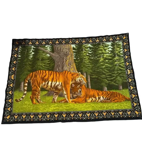 Vintage MCM ATC Tiger Family Wall Tapestry 100% Cotton 53x36.5