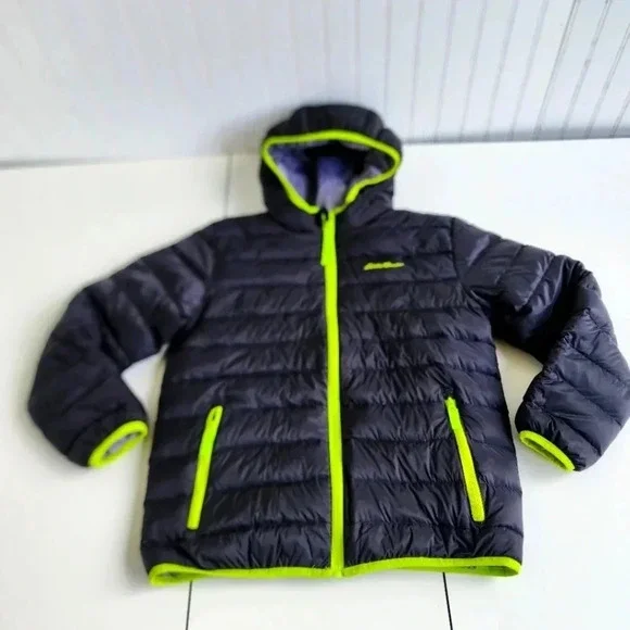 Eddie Bauer Reversible Jacket Boys Black Gray Green Puffer Hooded Down L (14)