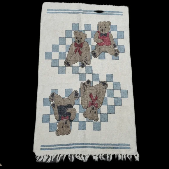 Teddy Bears On Check Woven Area Rug Or Wall Hanging W/ Fringe Ivory Blue Brown