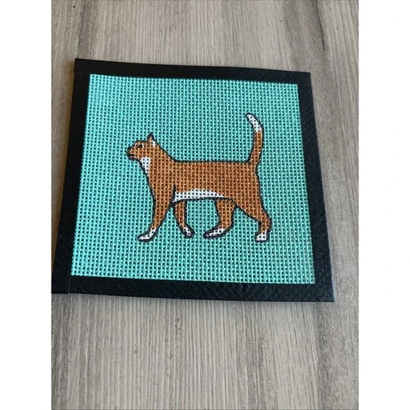 Handpainted Needlepoint Canvas Orange Cat Teal Background 5