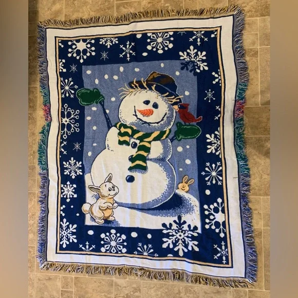 Hallmark Snowman W/Bunny and Red Cardinal Throw Blanket/‎ Tapestry 56x46 Fringed