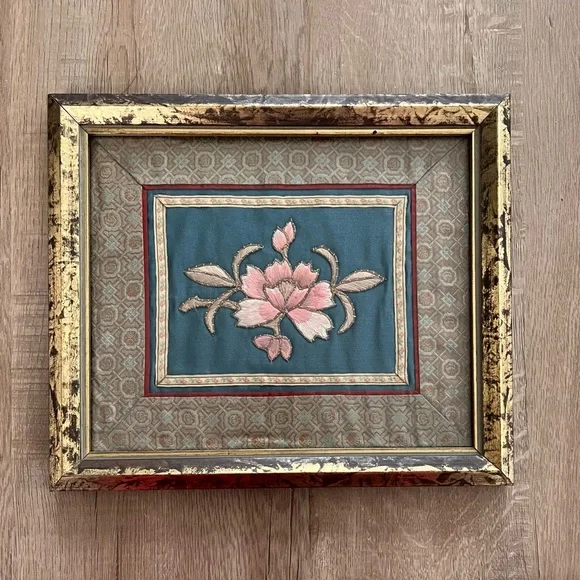Antique Chinese Embroidered Framed Tapestry‎ Fabric Silk Pink Peony #2