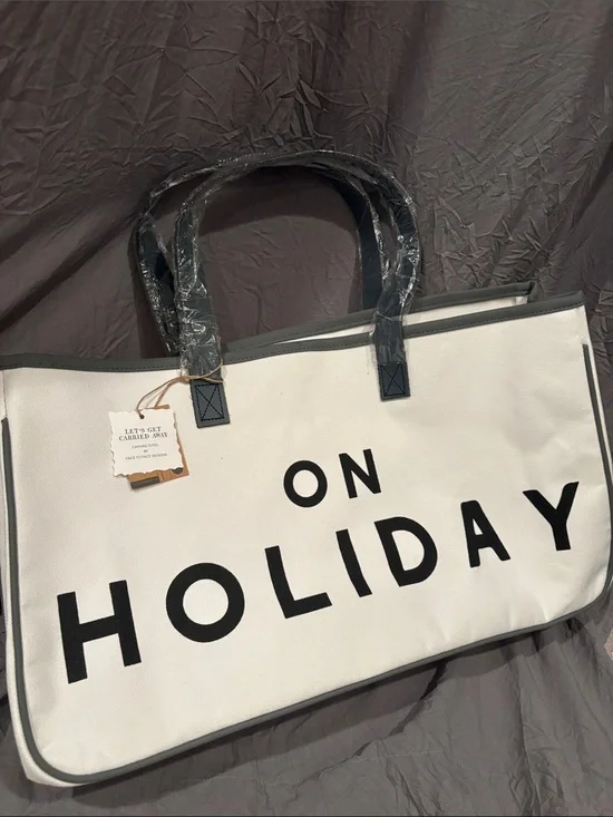 “On Holiday” Canvas Tote Bag - White with Black Trim NWT