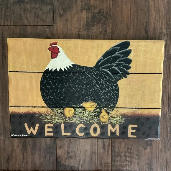 VINTAGE Warren Kimble Wood Welcome Sign CHICKEN & CHICKS Rustic Farm 14x9