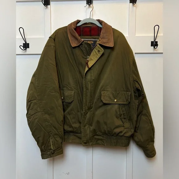 VTG Woolrich Men Bomber Jacket Thermore Green Brown Leather Size XL Rustic Cabin