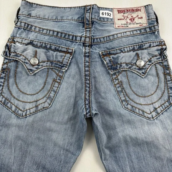True Religion Slim Fit Jeans Men 29x34 Blue Distressed Flap Pockets‎ Light Wash