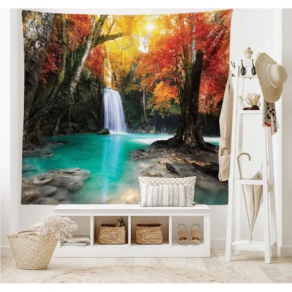 Fall Forest Waterfalls Wall Decor Hanging Tapestry Large Sz Twin 68” x 88” NWOT