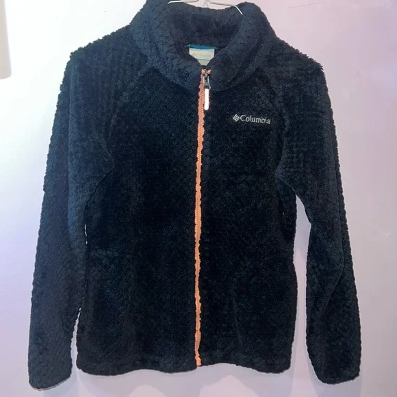 Columbia Fire Side Sherpa Full Zip Fleece Jacket Black Peach Girls‎ Size L 14/16