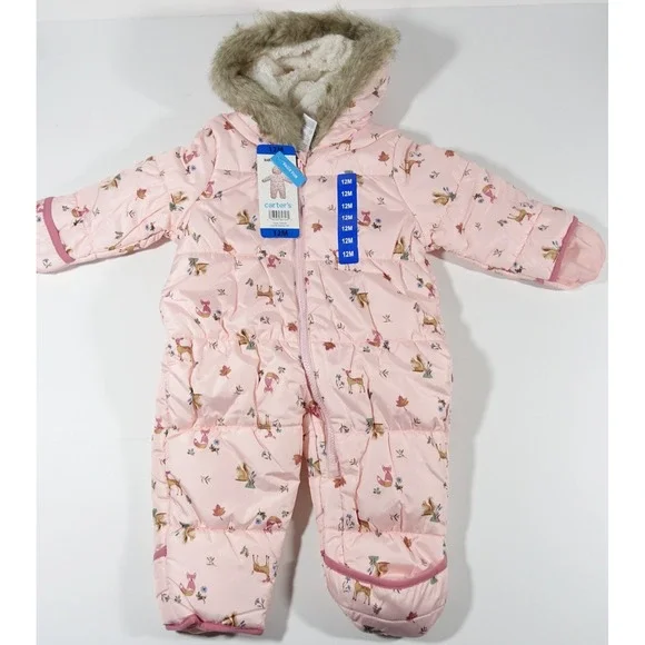 Carters Baby Pram Suit Snowsuit 12 Month Foldover Cuffs for Hand Feet Faux Fur