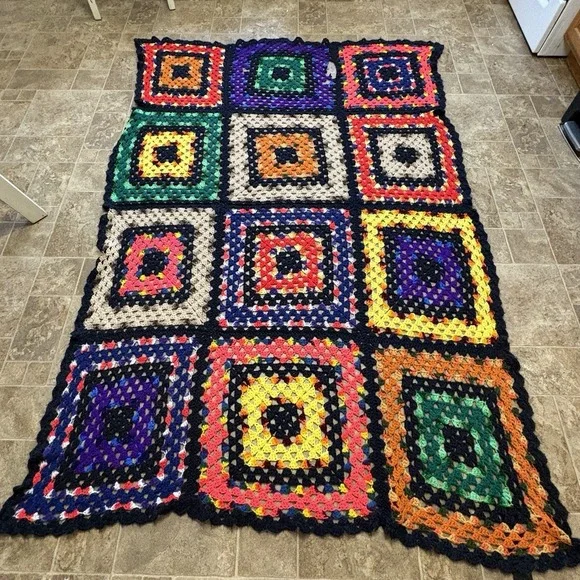 Vintage Handmade Crochet Granny Square Afghan Blanket 82x56 Ugly Colorful LARGE
