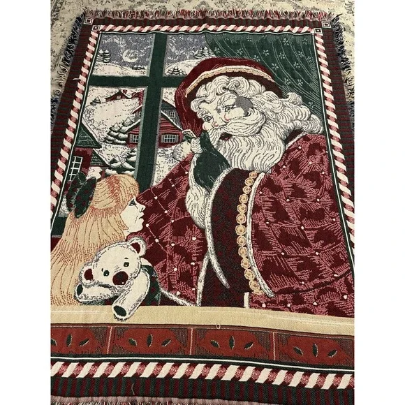 VTG 1996 Goodwin Weavers Tapestry Throw Lap Blanket Christmas Santa Little Girl