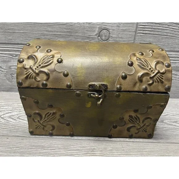 Vintage Look Gold Tone Metal Chest Trunk Boho Bohemian Storage Container Decor