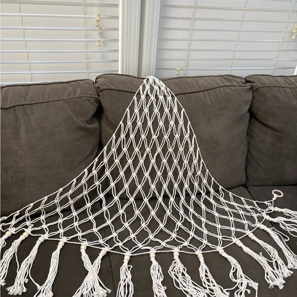 Boho Macramé Wall Tapestry with Beaded Fringe, White
