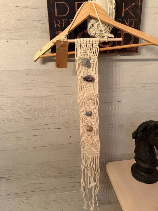 Henna Handmade Hanging Cream Macramé Tapestry with Chakra Stone Accents