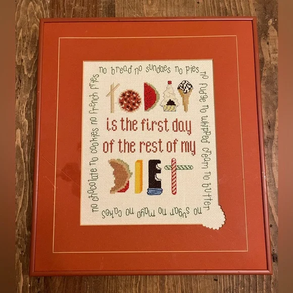Vintage Handmade Cross Stitch Dessert Quote Framed Wall Art