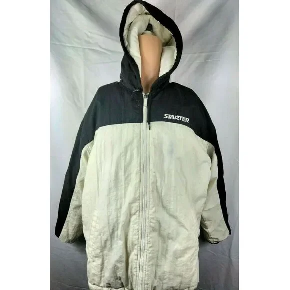 Vintage Starter Brand Men's White Black Puffy Jacket Coat Full Zip Sz Large