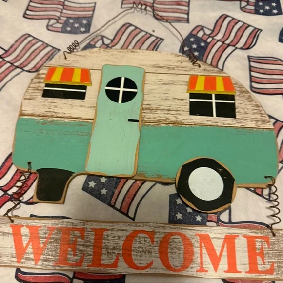 Mint Green Welcome Door Mat with Vintage Camper Design