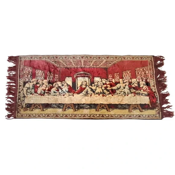 Vintage The Last Supper Velvet Tapestry Jesus Religious Wall Hanging Rug Italy