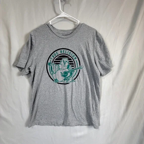 True Religion Buddha‎ Guitar Graphic T Shirt Mens Large Gray Short Sleeve Crew