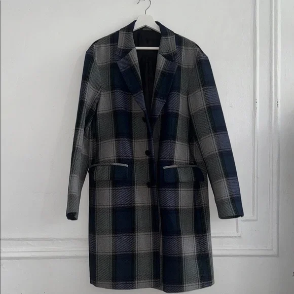 Acne Studios Oversized Plaid Wool Blend Coat in Navy, Grey & Green size US38
