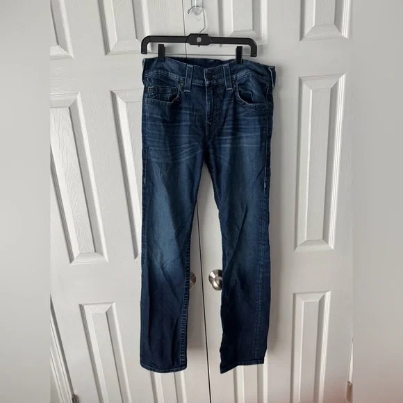 True Religion Ricky Relaxed Straight Dark Blue Wash Denim Jeans Size 32