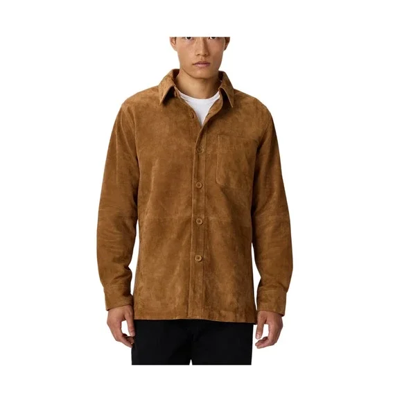 EUC Quince Men’s XL Cognac Tan 100% Suede Overshirt Western $225 5044