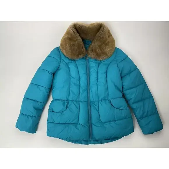 Catherine Malandrino Girls Peplum Bubble Jacket Faux Fur Blue Size L 400167