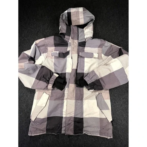 Pulse Winter Ski Jacket Youth Large 16 18 Gray Black Plaid Pockets Hooded Coat