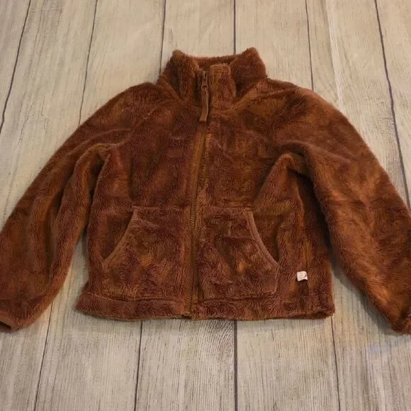 Brown Fleece Zip-Up Jacket with Stand-Up Collar