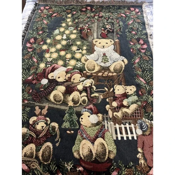 Vtg Hallmark Goodwin Weavers Christmas Tree Blanket 100% Cotton Teddy Bears