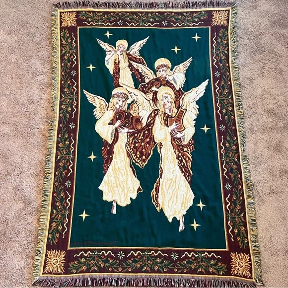 Festive Holiday Tapestry Throw blanket cover with Angels 46” x 66”