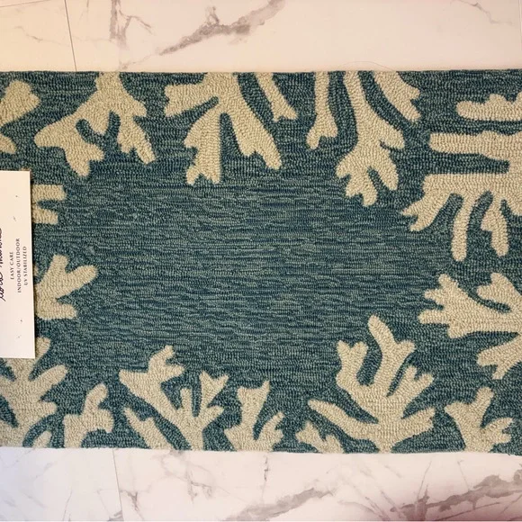 Teal and Cream Coral Pattern Indoor/Outdoor Rug