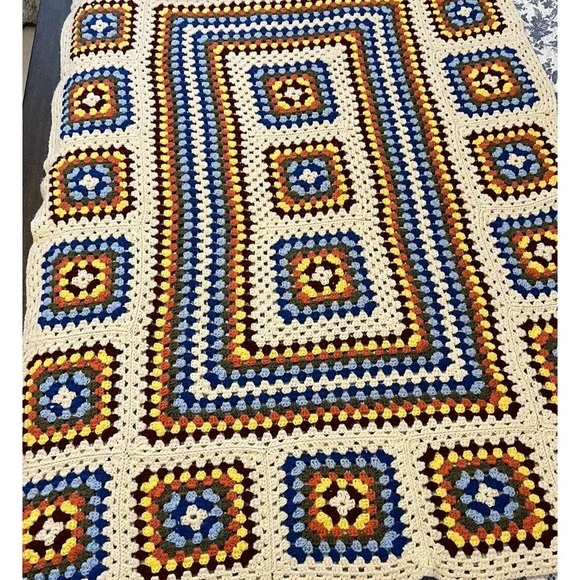 Grandma Decor Square Handmade‎ Crochet Quilt Afghan Throw Colorful Cream Border