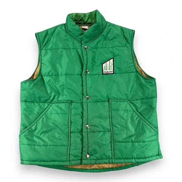 Vintage Puffer Vest Adult LARGE Green CF Industries Farm Seed Quilted USA 80s