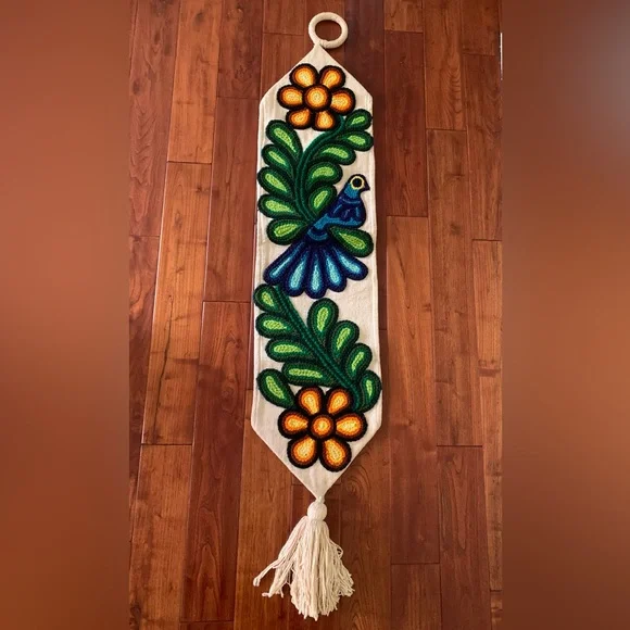 Vtg Folk Art Bird Wall Hanging Tapestry Hand Made Boho Mid Century Yarn Mexico