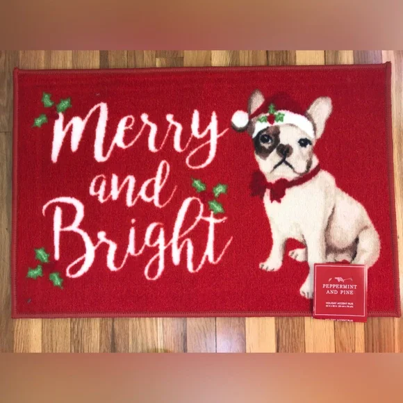 French Bulldog Merry & Bright Holiday Christmas Accent Rug Door Food Mat NEW NWT