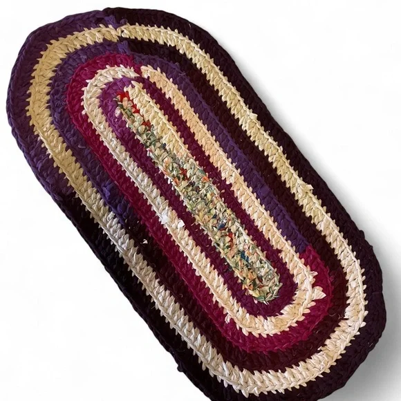 Handmade Purple Magenta Colorful Crocheted T-Shirt Knit Oval Rug Door Mat