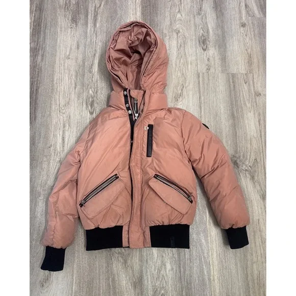 Rudsak Kids Pink Down Bomber Jacket Hooded Puffer Coat Size 7/8 Leather Trim