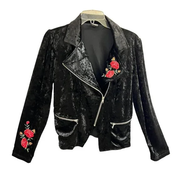 Disney Coco Junior Teen XL Moto Jacket Black Velvet Velour Rose Embroidered