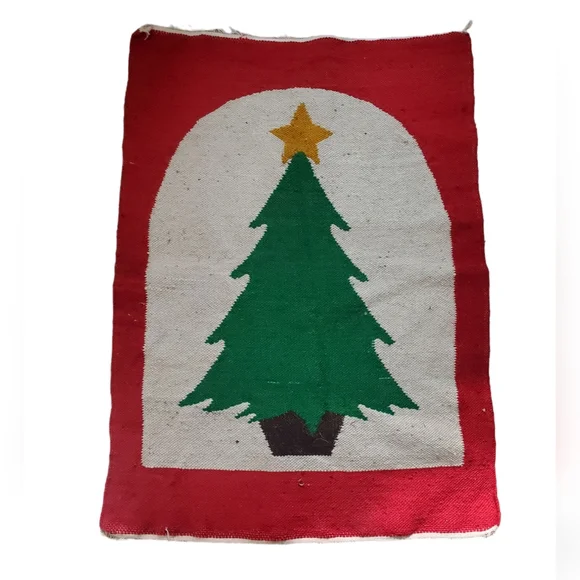 Vintage Fringe Christmas Tree Rug Wool Rectangular Simplistic Rugged Nice As Is