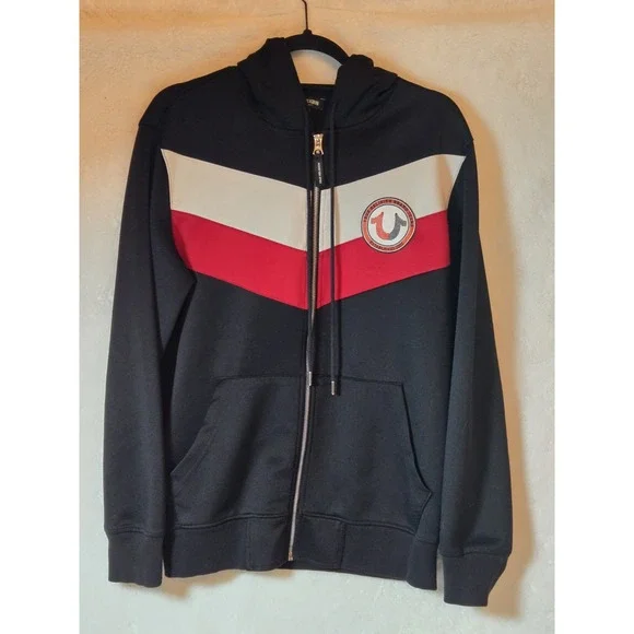 True Religion Mens Small Full‎ Zip Sweatshirt/Jacket Black/Red Logo Patch