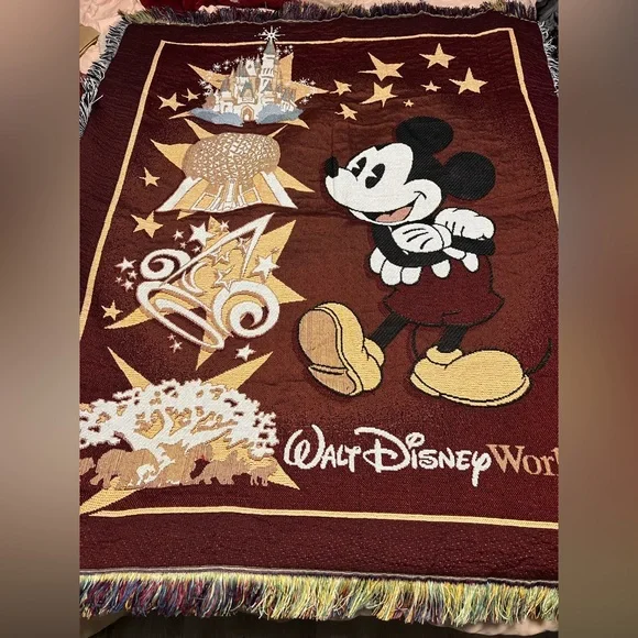 Disney World 25th Anniversary Mickey Mouse Tapestry Throw Blanket Woven 48x60
