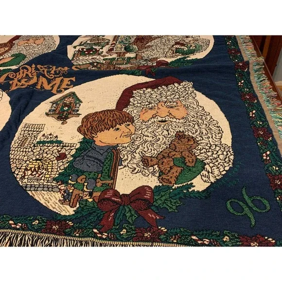 Vtg Santa Christmas at Home Chatham Throw Blanket Tapestry Fringed Cotton USA