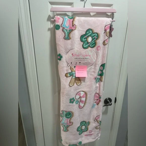 Betsey Johnson Pink Plush Blanket with Floral and Candy Cane Design